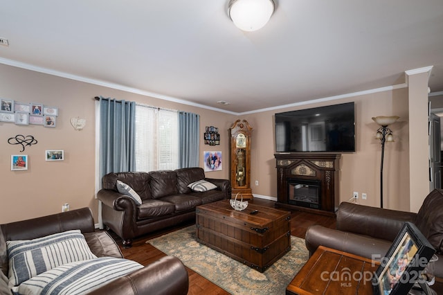 792 Carolina Mill Cir, Lincolnton, NC 28092 - living room featuring ornamental molding, wood finished floors, a glass covered fireplace, and baseboards