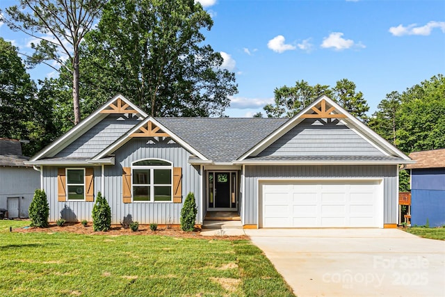 2027 Marquesas Ave, Tega Cay, SC 29708 - view of front of property featuring board and batten siding, a front lawn, concrete driveway, a shingled roof, and an attached garage