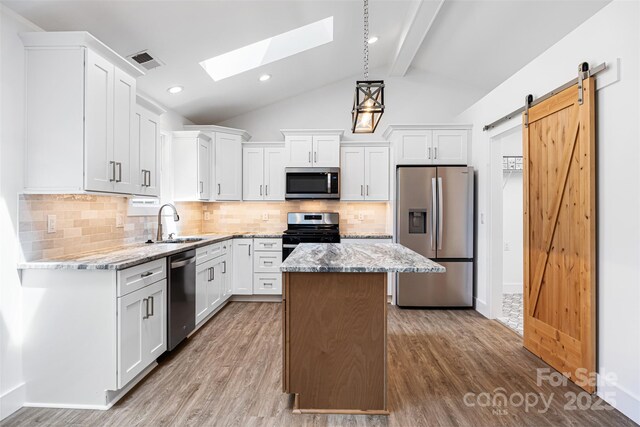 2027 Marquesas Ave, Tega Cay, SC 29708 - kitchen featuring appliances with stainless steel finishes, a skylight, a kitchen island, wood finished floors, and recessed lighting