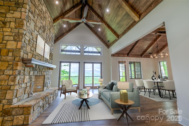 615 Macallan Dr Unit 321, Waynesville, NC 28786 - living area with wood ceiling with exposed beams, wood finished floors, high vaulted ceiling, ceiling fan, and a chandelier