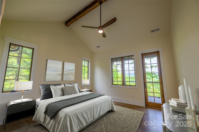 615 Macallan Dr Unit 321, Waynesville, NC 28786 - bedroom with beam ceiling, access to exterior, dark wood-type flooring, baseboards, and high vaulted ceiling