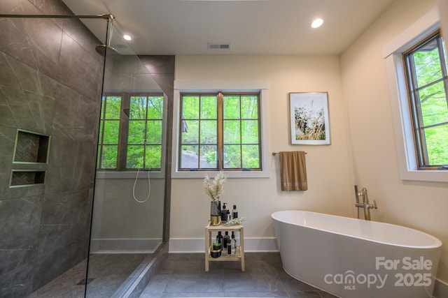 615 Macallan Dr Unit 321, Waynesville, NC 28786 - bathroom with a soaking tub, a walk in shower, recessed lighting, baseboards, and tile patterned flooring