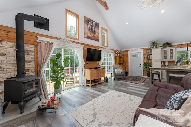 334 Arbra Mountain Way, Bostic, NC 28018 - living room with a wood stove, high vaulted ceiling, wood finished floors, and recessed lighting
