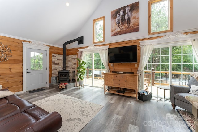 334 Arbra Mountain Way, Bostic, NC 28018 - living room featuring a wood stove, high vaulted ceiling, plenty of natural light, wooden walls, and wood finished floors