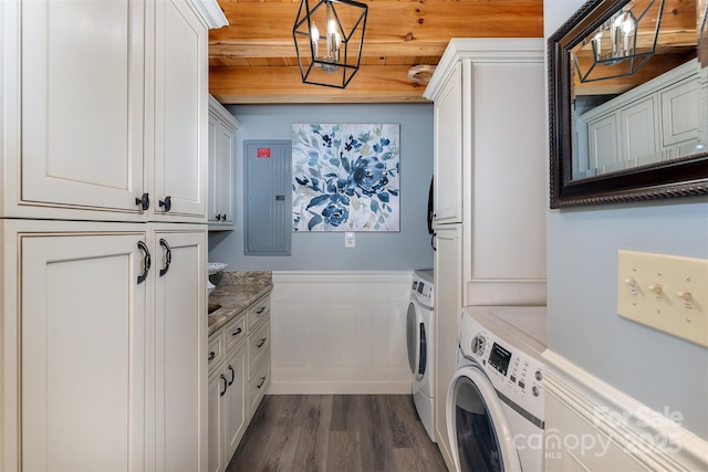 334 Arbra Mountain Way, Bostic, NC 28018 - laundry room with washer and dryer, cabinet space, dark wood-type flooring, a wainscoted wall, and electric panel