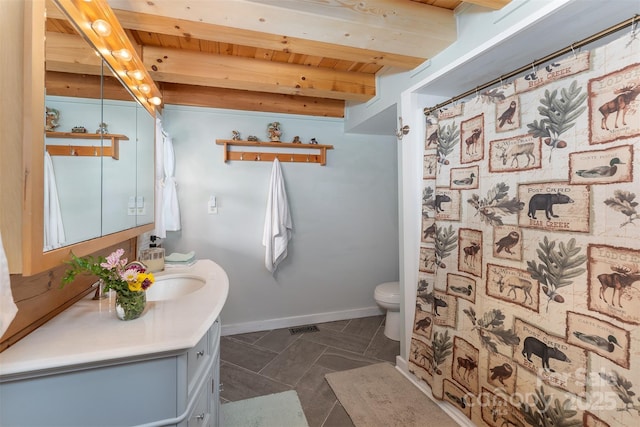 334 Arbra Mountain Way, Bostic, NC 28018 - bathroom featuring wooden ceiling with exposed beams, toilet, vanity, baseboards, and a shower with shower curtain