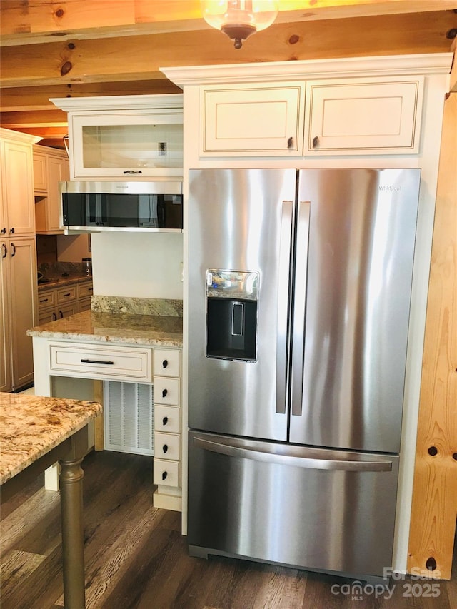334 Arbra Mountain Way, Bostic, NC 28018 - kitchen with stainless steel fridge with ice dispenser, dark wood-type flooring, and light stone counters