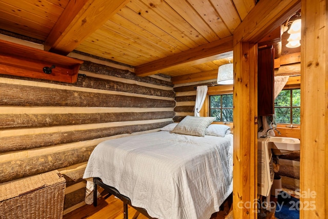 3739 Pickens Hwy, Rosman, NC 28772 - bedroom with wooden ceiling with exposed beams, wood finished floors, and rustic walls