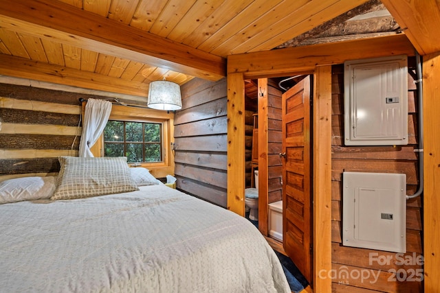 3739 Pickens Hwy, Rosman, NC 28772 - bedroom with electric panel, wood walls, and wood ceiling with exposed beams