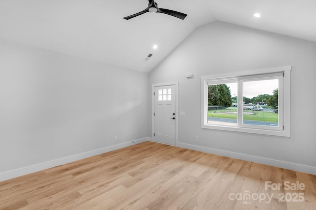 101 Churchill Dr, Kings Mountain, NC 28086 - entryway with a ceiling fan, high vaulted ceiling, wood finished floors, baseboards, and recessed lighting