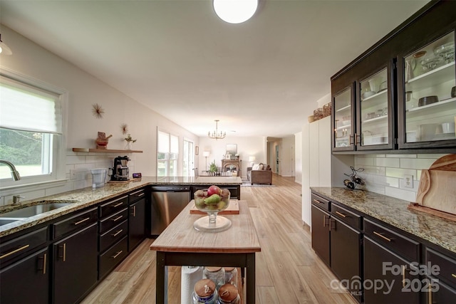 801 Witmore Rd, Wingate, NC 28174 - kitchen featuring stainless steel dishwasher, a sink, light wood-style flooring, and backsplash