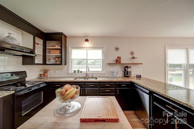 801 Witmore Rd, Wingate, NC 28174 - kitchen with black / electric stove, a sink, under cabinet range hood, stainless steel dishwasher, and decorative backsplash
