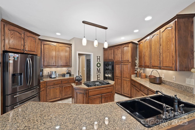 21 School House Rd, Pisgah Forest, NC 28768 - kitchen with stainless steel fridge with ice dispenser, gas cooktop, decorative light fixtures, recessed lighting, and a center island