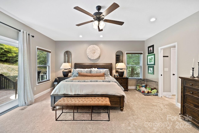 21 School House Rd, Pisgah Forest, NC 28768 - carpeted bedroom with access to outside, multiple windows, recessed lighting, and ceiling fan