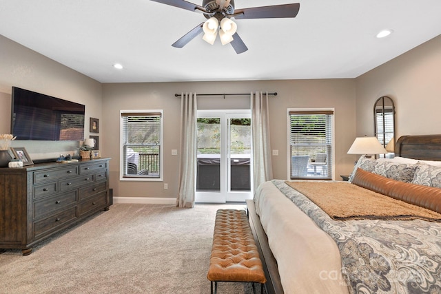 21 School House Rd, Pisgah Forest, NC 28768 - bedroom with access to outside, light colored carpet, recessed lighting, and a ceiling fan