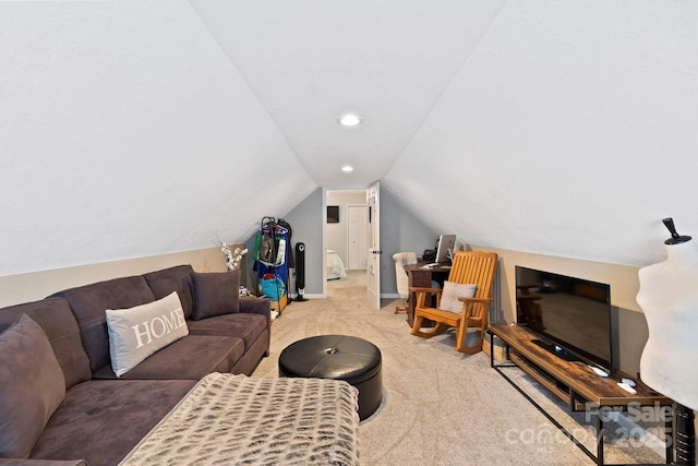 21 School House Rd, Pisgah Forest, NC 28768 - carpeted living area featuring vaulted ceiling and recessed lighting