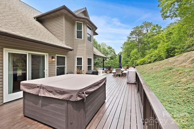 21 School House Rd, Pisgah Forest, NC 28768 - wooden terrace with a hot tub and outdoor dining space
