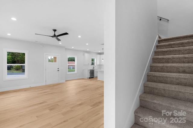 103 Churchill Dr, Kings Mountain, NC 28086 - stairs with recessed lighting, wood finished floors, a ceiling fan, and baseboards