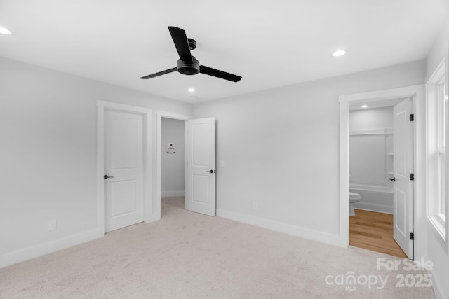 103 Churchill Dr, Kings Mountain, NC 28086 - unfurnished bedroom with carpet flooring, recessed lighting, baseboards, ensuite bath, and a ceiling fan