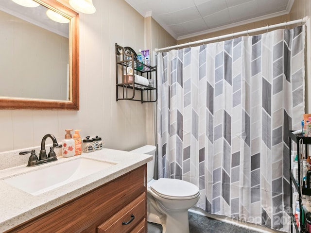 86 Hawk Haven Cv, Waynesville, NC 28786 - bathroom featuring vanity, toilet, ornamental molding, and a shower with curtain