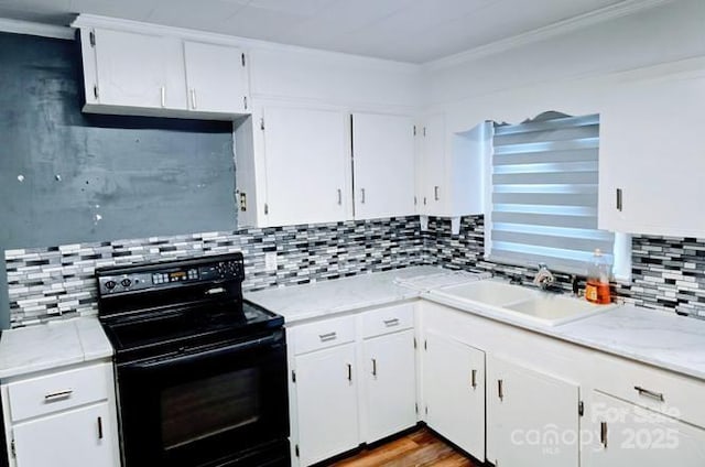 915 Wilkinsville Hwy, Gaffney, SC 29340 - kitchen with black electric range oven, decorative backsplash, ornamental molding, and white cabinetry