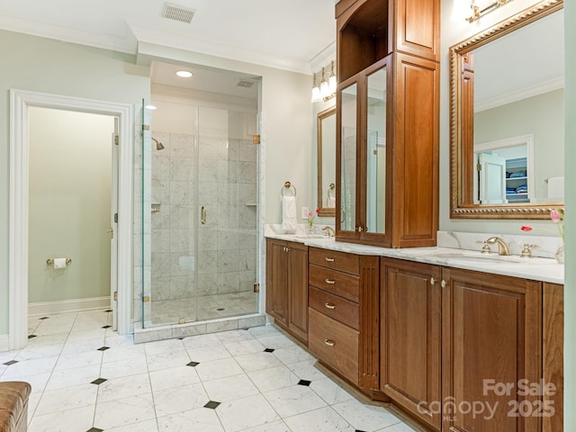 2516 Selwyn Ave, Charlotte, NC 28209 - bathroom featuring crown molding, double vanity, a stall shower, recessed lighting, and baseboards