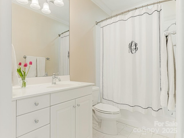 2516 Selwyn Ave, Charlotte, NC 28209 - bathroom featuring ornamental molding, toilet, vanity, tile patterned floors, and shower / tub combo with curtain