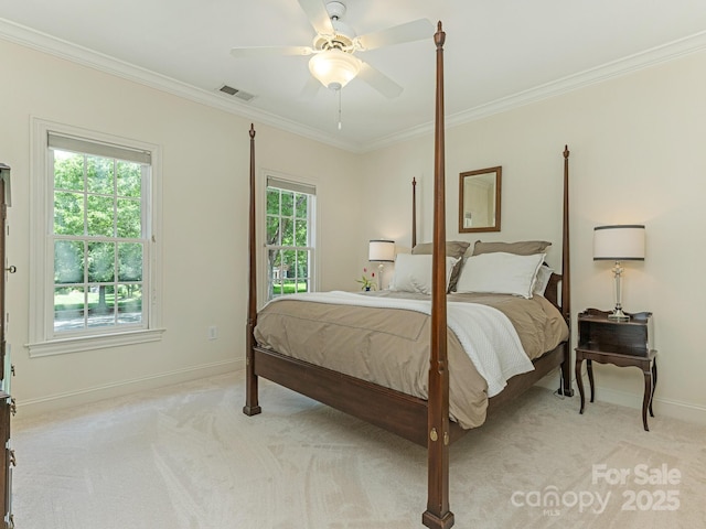 2516 Selwyn Ave, Charlotte, NC 28209 - bedroom with light colored carpet, ornamental molding, baseboards, and ceiling fan