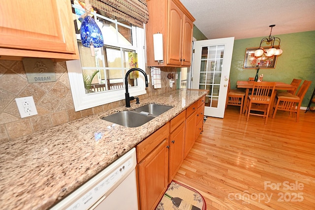4646 River Run Cir, Hickory, NC 28602 - kitchen with a sink, white dishwasher, decorative backsplash, light wood-type flooring, and light stone countertops