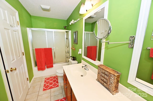 4646 River Run Cir, Hickory, NC 28602 - full bathroom with vanity, toilet, shower / bath combination with glass door, tile patterned flooring, and a textured ceiling