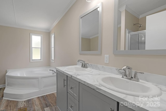 5606 S Rocky River Rd, Monroe, NC 28112 - bathroom featuring crown molding, a shower stall, wood finished floors, double vanity, and a bath