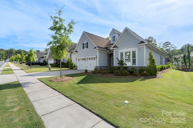 14531 Crosswater Ln, Charlotte, NC 28278 - view of front of house with driveway, stone siding, a front lawn, and an attached garage