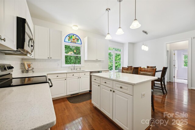 8217 Lansford Rd, Charlotte, NC 28277 - kitchen featuring appliances with stainless steel finishes, tasteful backsplash, dark wood-type flooring, and white cabinets