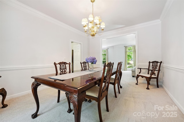 8217 Lansford Rd, Charlotte, NC 28277 - dining room with light colored carpet, a chandelier, and crown molding