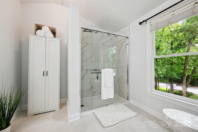 8217 Lansford Rd, Charlotte, NC 28277 - full bath featuring a shower stall, plenty of natural light, and lofted ceiling