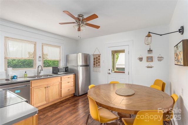 7 Grove St, Weaverville, NC 28787 - kitchen featuring appliances with stainless steel finishes, a sink, ceiling fan, and dark wood-style flooring