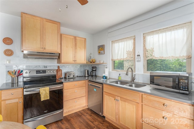 7 Grove St, Weaverville, NC 28787 - kitchen featuring stainless steel appliances, a sink, light brown cabinetry, under cabinet range hood, and dark wood finished floors