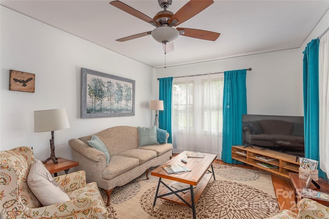 7 Grove St, Weaverville, NC 28787 - living room featuring wood finished floors, ceiling fan, and crown molding