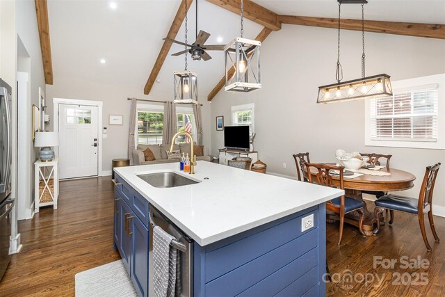 1621 Brookdale Ave, Charlotte, NC 28210 - kitchen featuring a sink, blue cabinets, stainless steel dishwasher, a ceiling fan, and dark wood finished floors