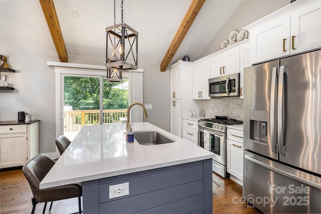 1621 Brookdale Ave, Charlotte, NC 28210 - kitchen with stainless steel appliances, a sink, dark wood-style floors, decorative backsplash, and white cabinets