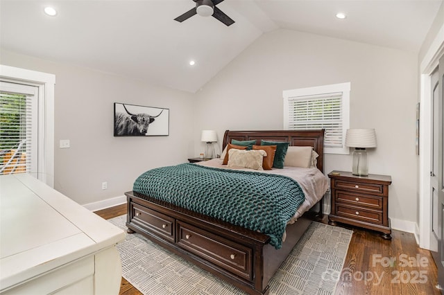 1621 Brookdale Ave, Charlotte, NC 28210 - bedroom with dark wood finished floors, baseboards, lofted ceiling, recessed lighting, and a ceiling fan