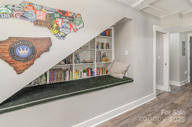 1621 Brookdale Ave, Charlotte, NC 28210 - detailed view of wood finished floors, electric panel, baseboards, and crown molding