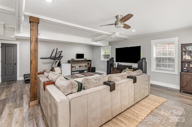 1621 Brookdale Ave, Charlotte, NC 28210 - living room with ceiling fan, recessed lighting, baseboards, wood finished floors, and beamed ceiling