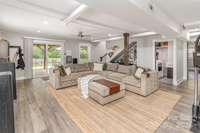 1621 Brookdale Ave, Charlotte, NC 28210 - living area with wood finished floors, recessed lighting, stairway, ceiling fan, and baseboards