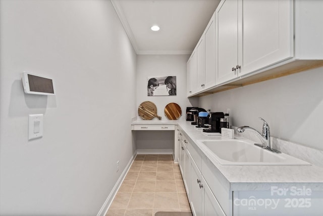 602 Compass Dr, Denver, NC 28037 - laundry area with a sink, crown molding, baseboards, light tile patterned flooring, and recessed lighting