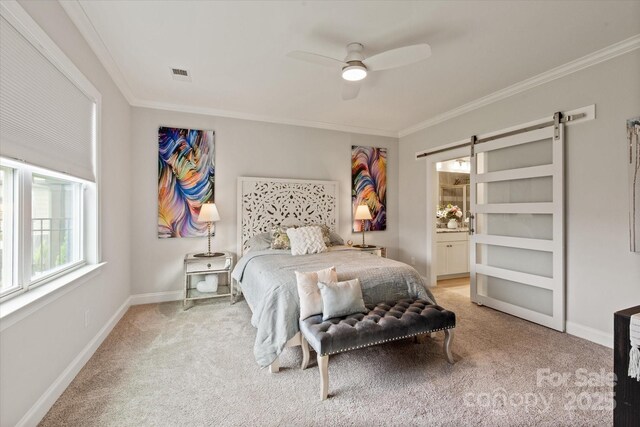 602 Compass Dr, Denver, NC 28037 - bedroom featuring light colored carpet, crown molding, a barn door, baseboards, and a ceiling fan
