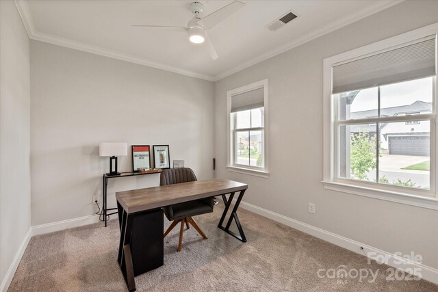 602 Compass Dr, Denver, NC 28037 - office area featuring ornamental molding, light colored carpet, a ceiling fan, and baseboards