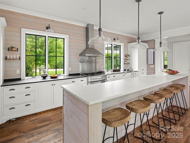 146 Lower Brush Creek Rd, Fletcher, NC 28732 - kitchen featuring wall chimney exhaust hood, healthy amount of natural light, high end stove, a kitchen bar, and crown molding