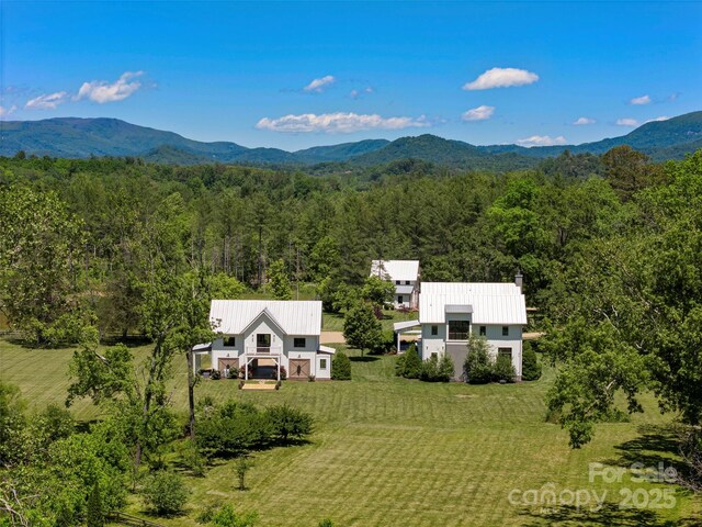 146 Lower Brush Creek Rd, Fletcher, NC 28732 - aerial view of property and surrounding area with a heavily wooded area and a mountain backdrop