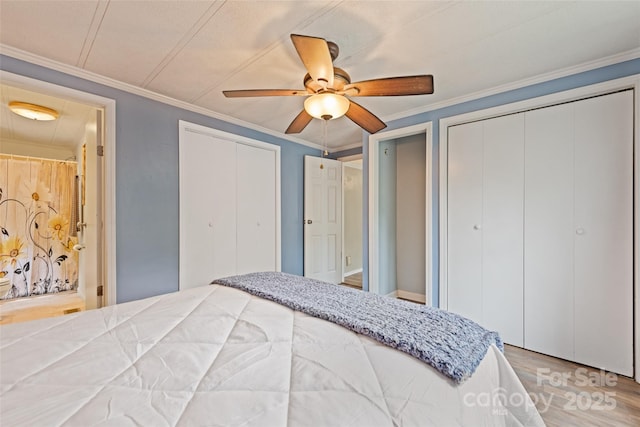 100 Bettys Dr, Waynesville, NC 28786 - bedroom with two closets, wood finished floors, connected bathroom, ornamental molding, and a ceiling fan